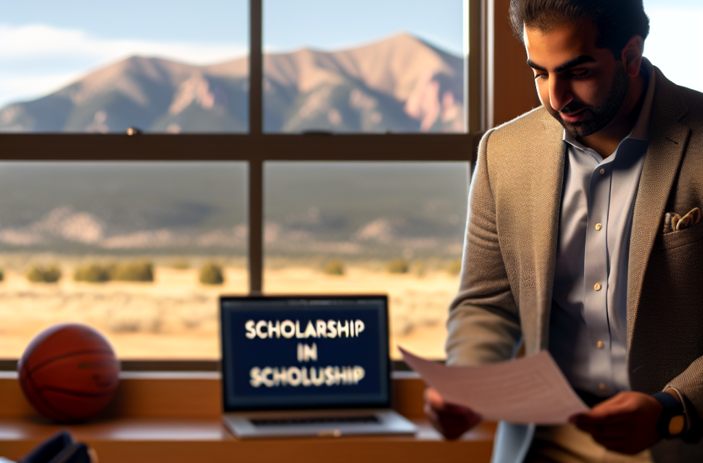Entrepreneur reviewing scholarship documents in a modern office with subtle sports elements