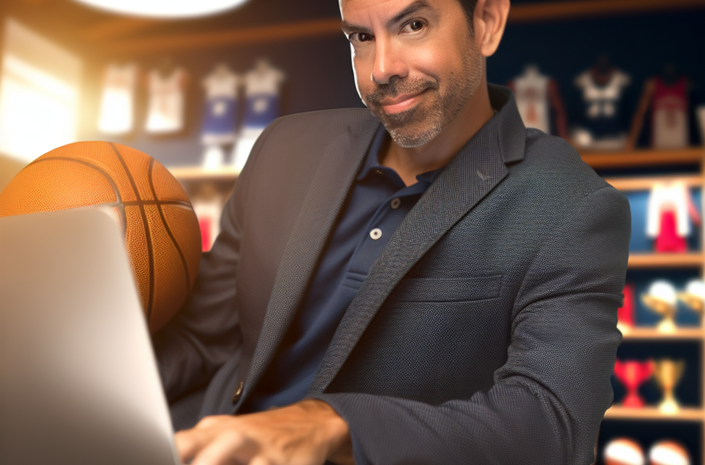 Entrepreneur reviewing scholarship applications in a modern office with a subtle sports element